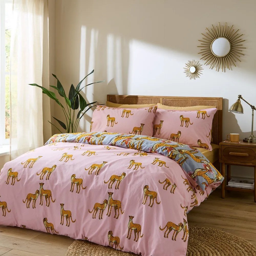 Różowo-szara bawełniana pościel jednoosobowa 135x200 cm Untamed Cheetah – Their Nibs