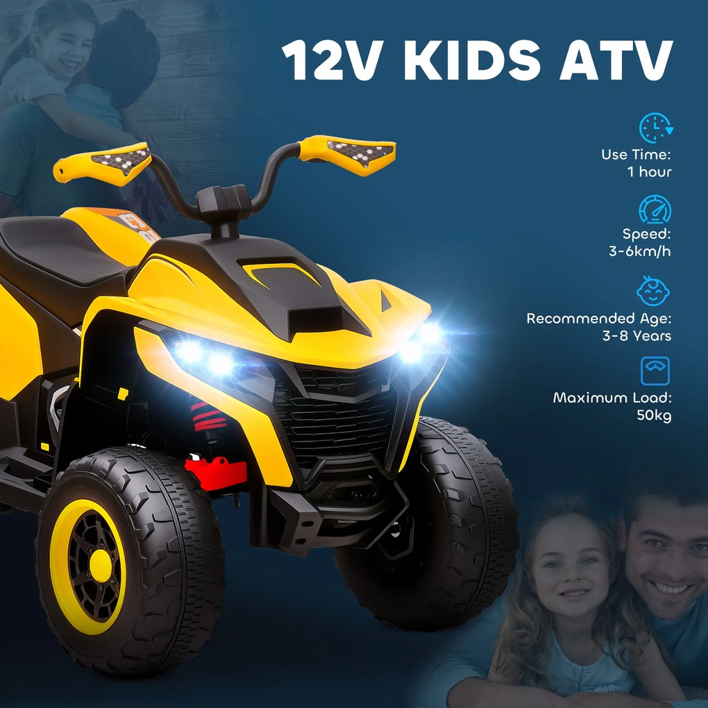 AIYAPLAY Dziecięcy Elektryczny Quad, 3-6 km/h, Reflektory LED, Muzyka, USB, dla Dzieci 3-8 Lat, Żółty