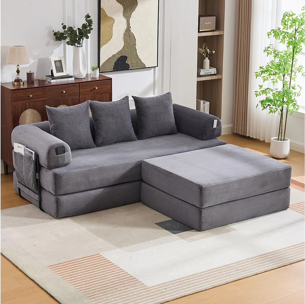 Sofa modułowa 3-osobowa - 200 x 190 x 67 cm - z 3 poduszkami + kieszeń boczna - sztruks - ciemnoszary