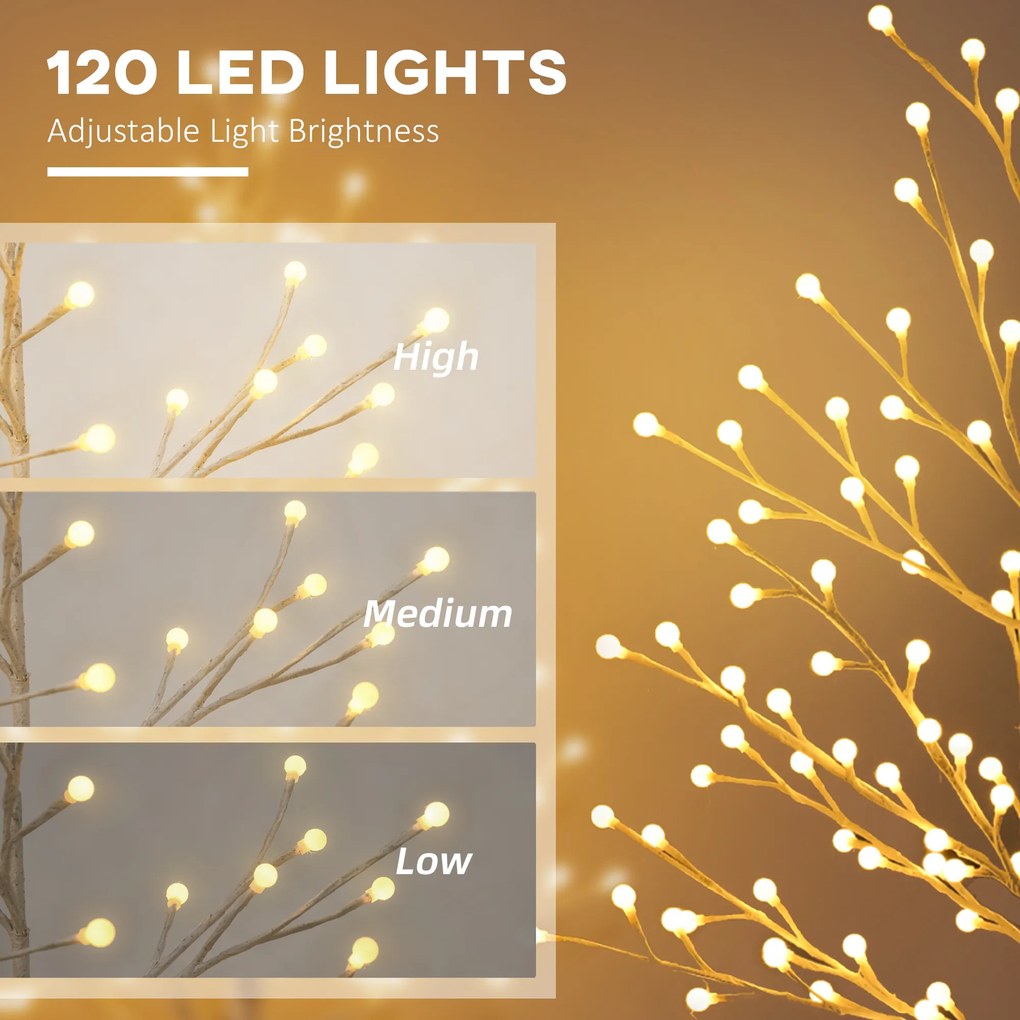 HOMCOM Sztuczna brzoza z 120 diodami LED, 3 poziomy jasności, składane gałęzie, IP44, 150 cm, Biały