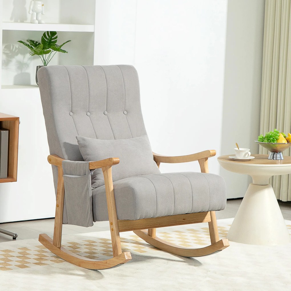 HOMCOM Fotel bujany z poduszką lędźwiową, szerokie siedzisko, rama bukowa, do 120 kg, szary