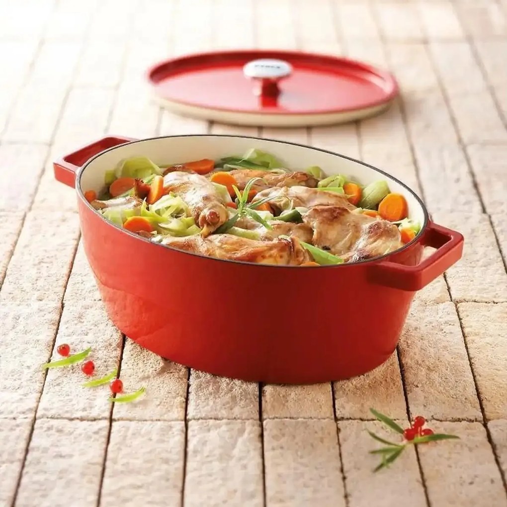 Pyrex Naczynie żeliwne z pokrywką 4 l, 29 x 21 cm,czerwone, 4 l