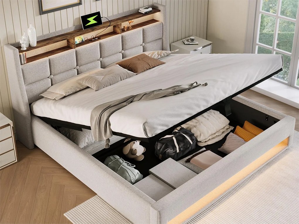 Łóżko z lnu 160x200cm z LED i portami USB - stelaż na listwach - beżowe