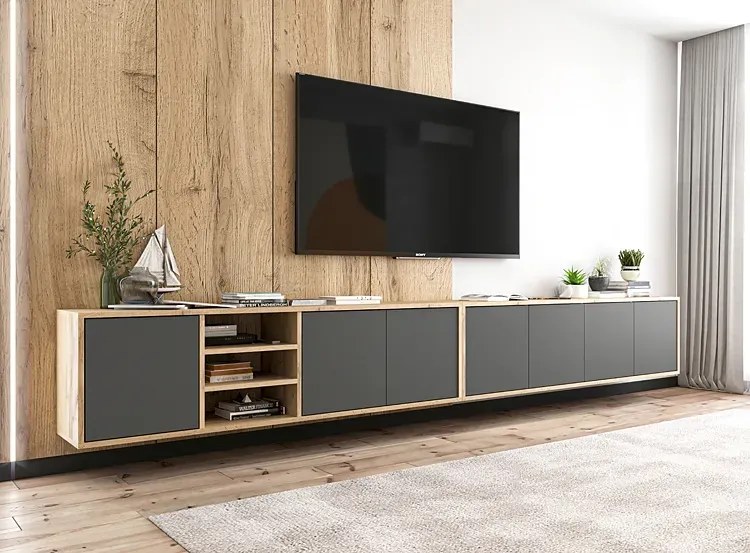Komplet wiszących szafek rtv dąb wotan + grafit - Avila 15X