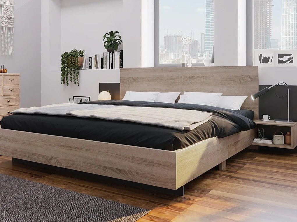 Łóżko podwójne 160x200cm z litego drewna - z 2 stolikami nocnymi + stelaż na materac - Naturalne