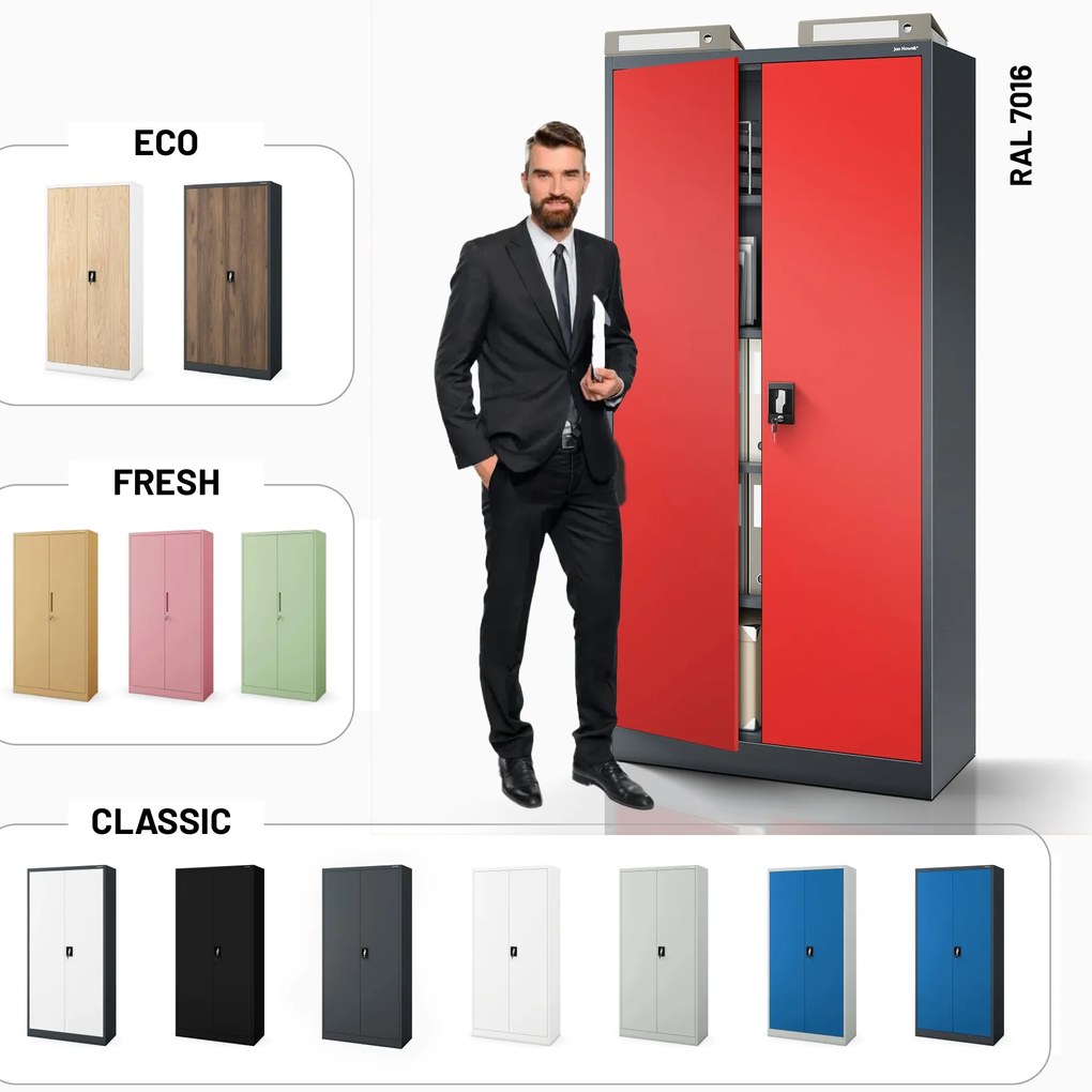 Szafa biurowa na dokumenty antracytowo-czerwona: JAN, 900 x 1850 x 400 mm