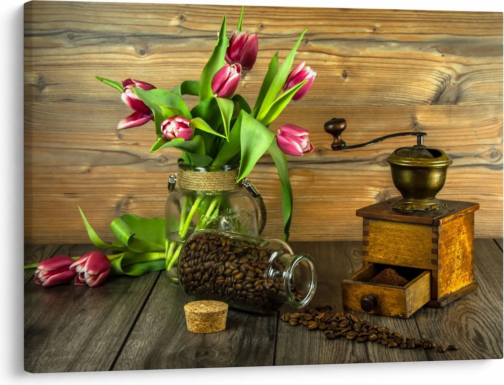 Obraz - tulipany, młynek i kawa (70x50 cm)