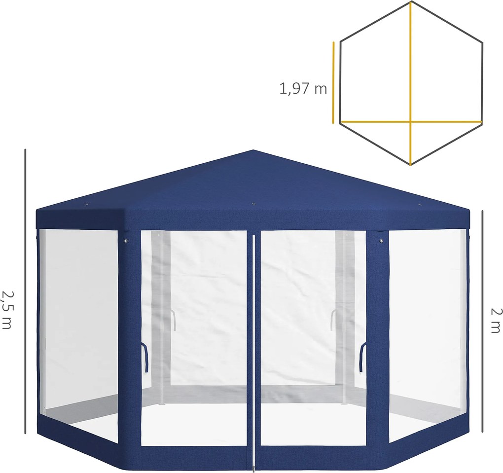 Outsunny Pawilon Ogrodowy, 6-kąt, Moskitiery, Metalowa Konstrukcja, 3,94x3,412x2,5m, Niebieski