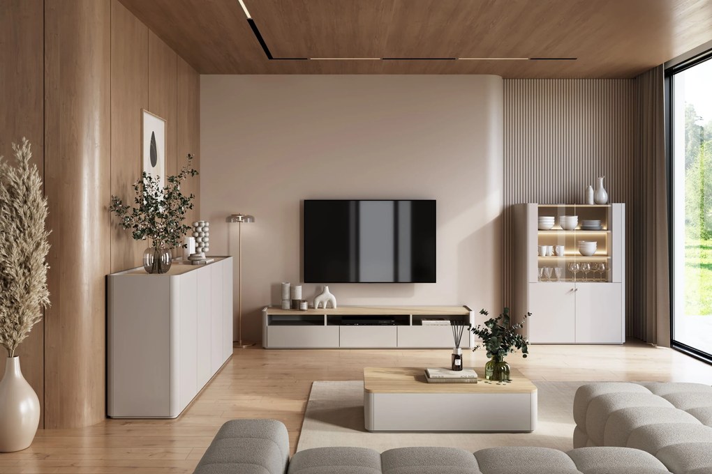 Komoda Elivo 200 cm czterodrzwiowa - kaszmir / dąb olejowany