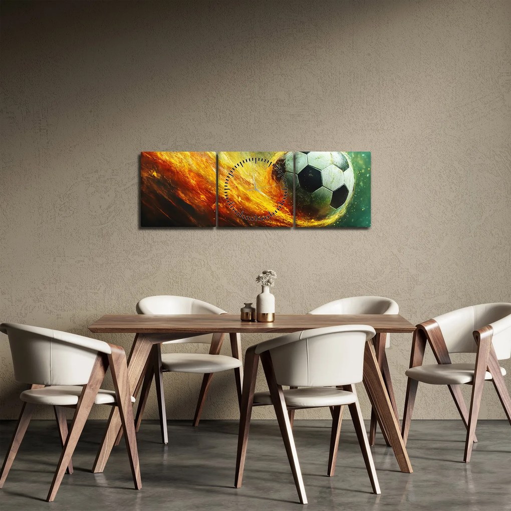 Obraz - Piłka nożna w locie (z zegarem) (90x30 cm)