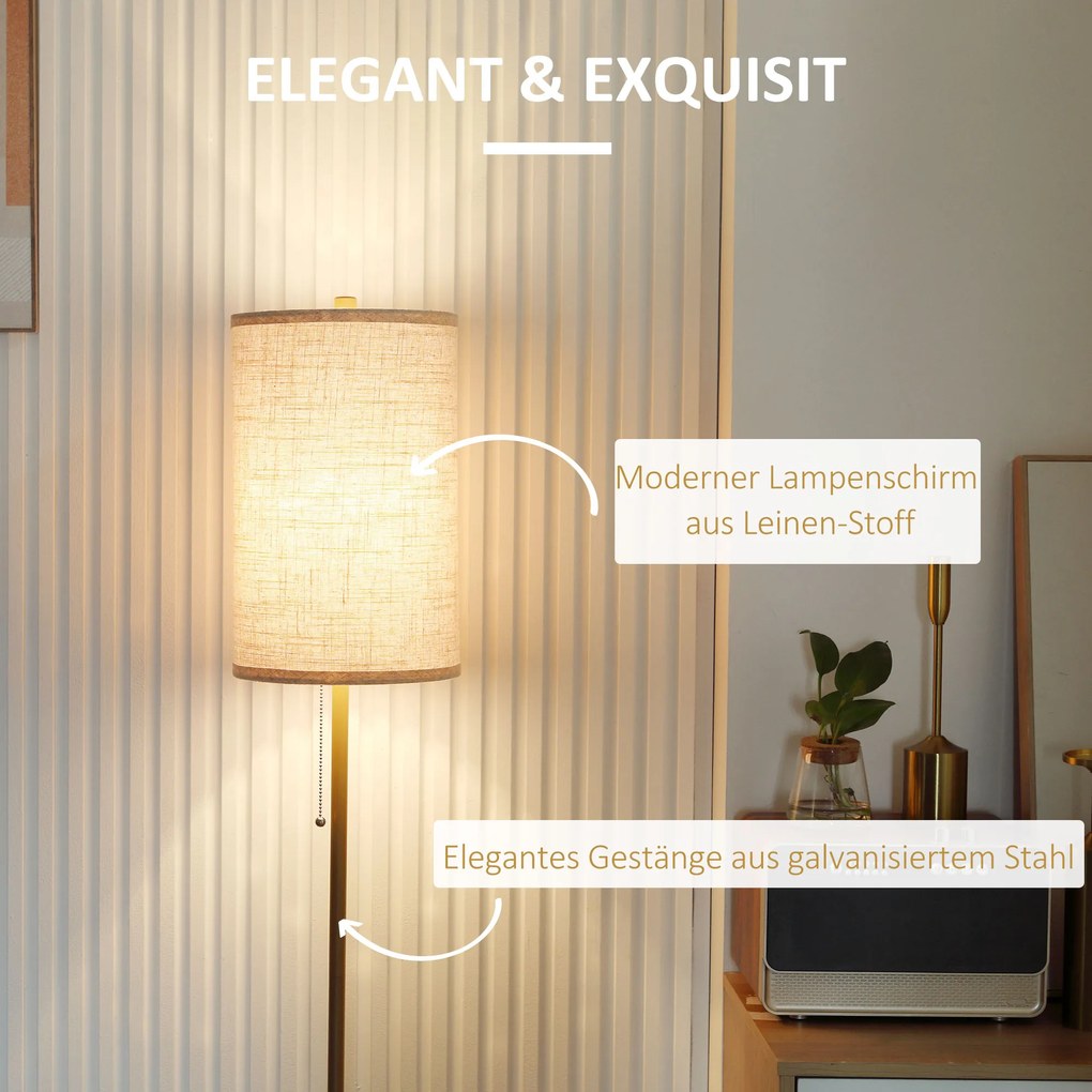 HOMCOM Lampa Stojąca, Elegancka Lampa Podłogowa ze Stali z Abażurem z Tkaniny, Lampa do Salonu, Przełącznik na Łańcuszku, Złoto+Biały
