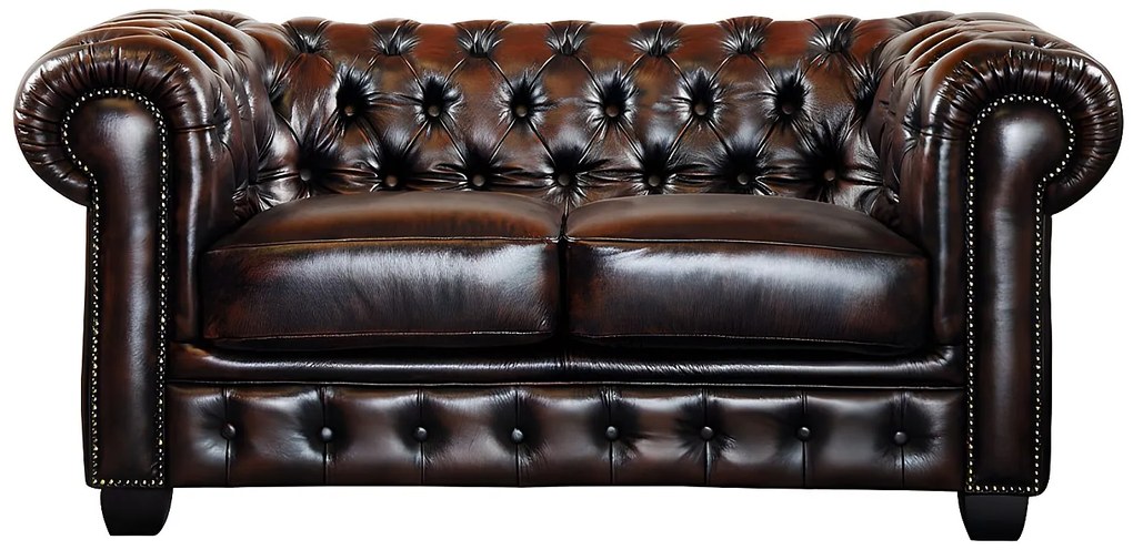 Kanapa 2-osobowa chesterfield BRENTON 100% skóry bawolej - Kolor: brązowy z kasztanowymi refleksami