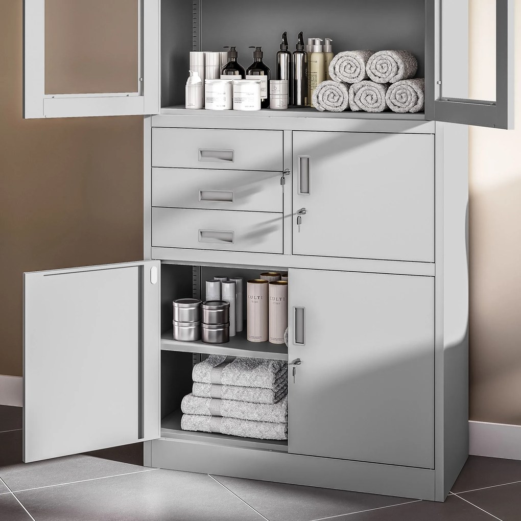 Biurowa szafa metalowa z sejfem na akta i dokumenty FILIP, 900 x 1850 x 400 mm, szara