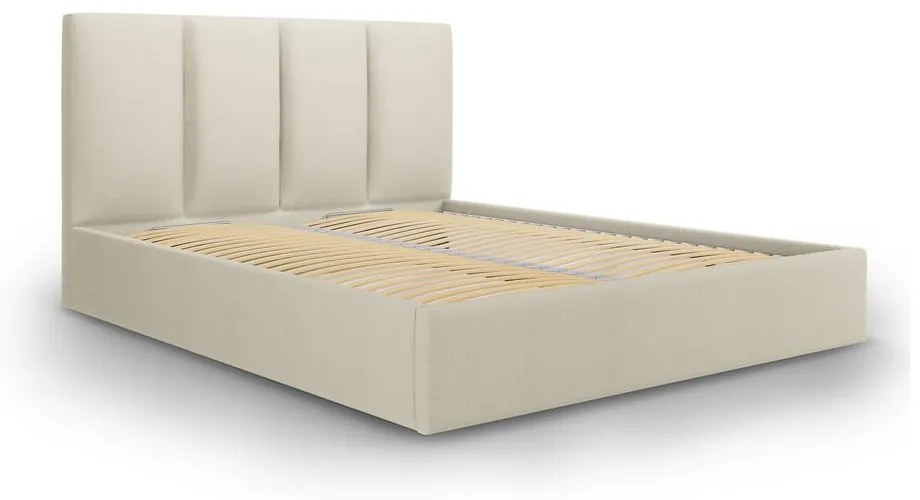 Beżowe tapicerowane łóżko dwuosobowe ze schowkiem ze stelażem 140x200 cm Juniper – Mazzini Beds