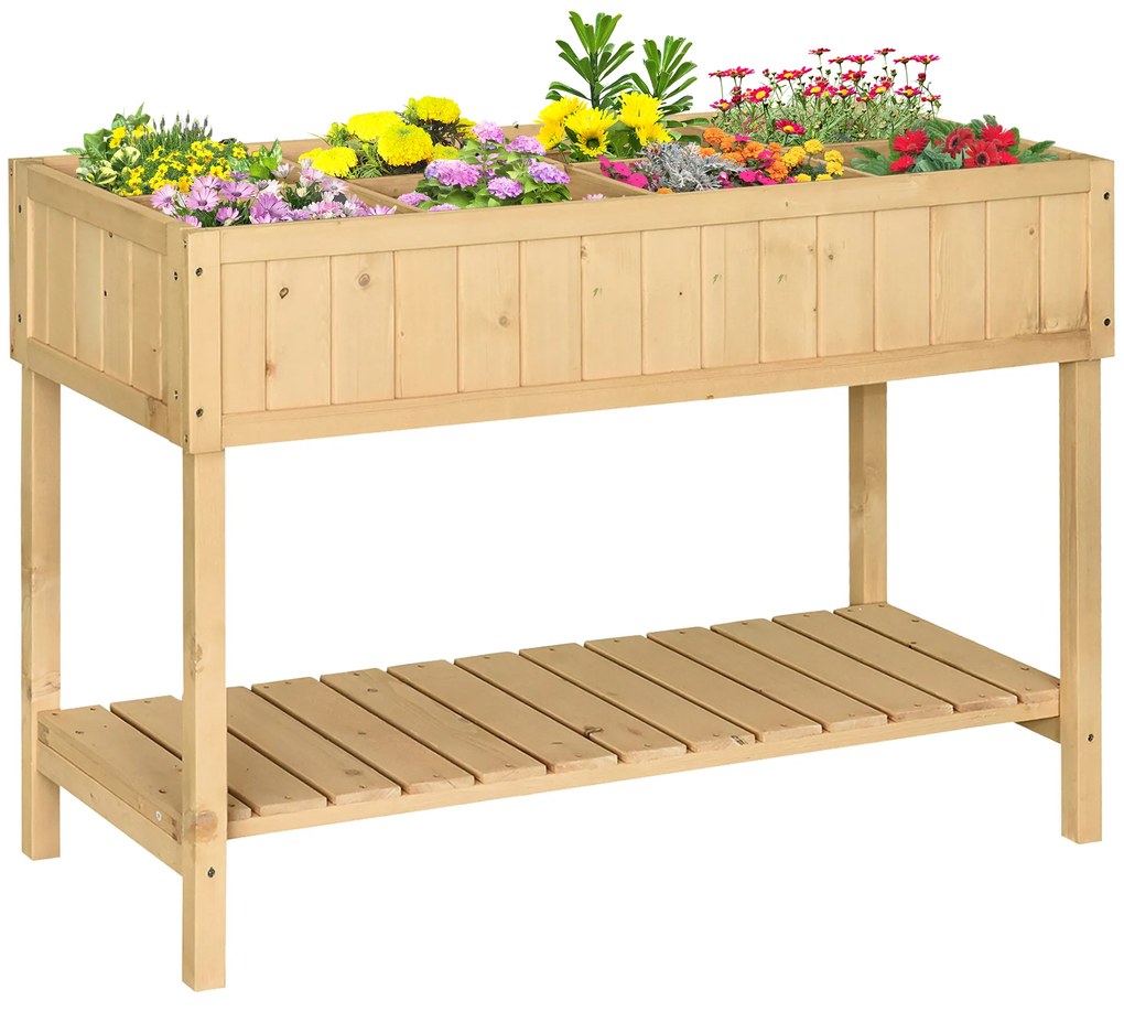 Outsunny Stół Ogrodowy do Sadzenia Drewno Jodłowe 6 Przegródek z Odpływem Półka Naturalny 120x60x81cm | Aosom PL