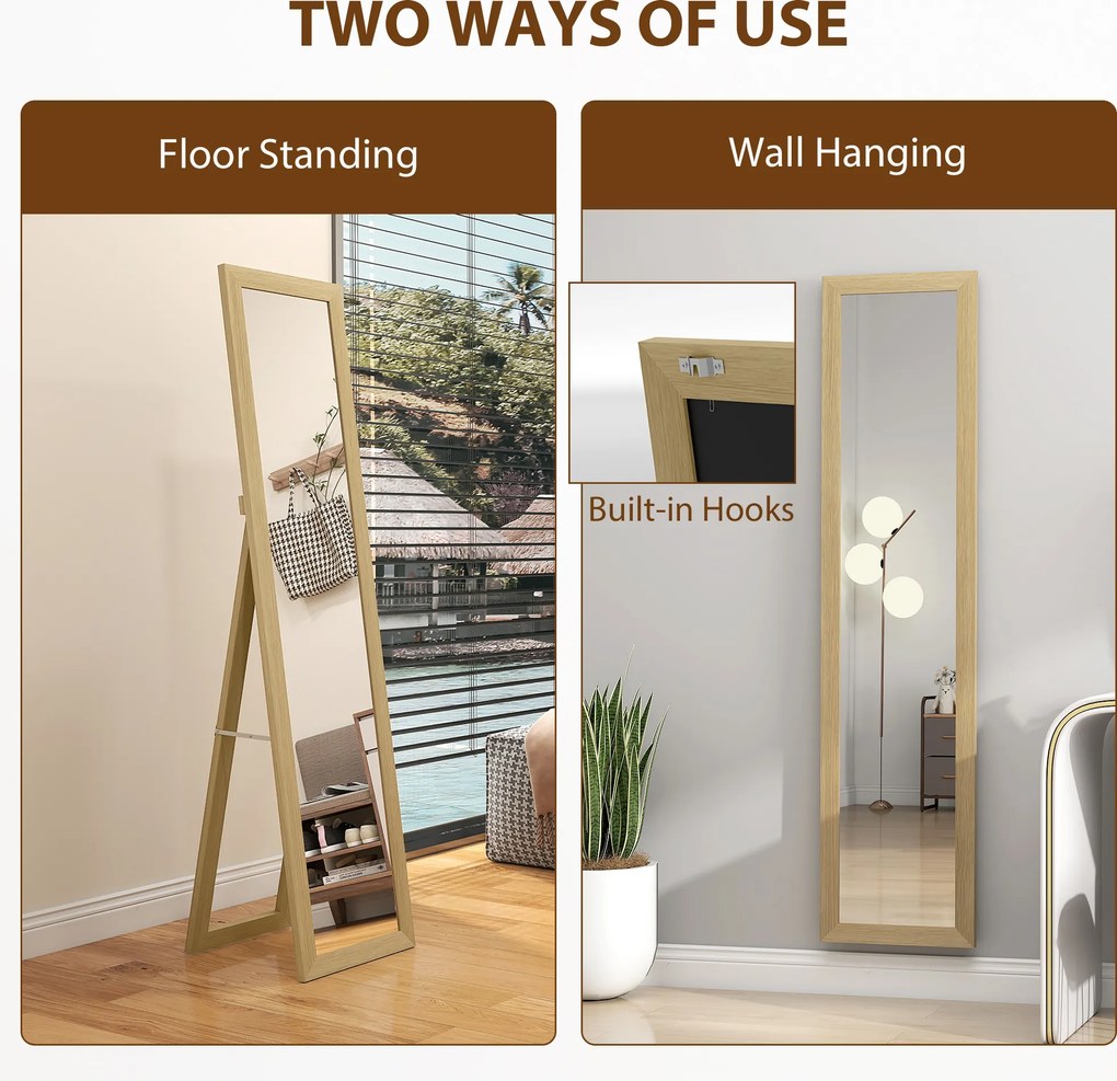 HOMCOM Lustro całopostaciowe, lustro ścienne, 37 cm x 40 cm x 155 cm, w tym haczyki montażowe, srebrny + dąb | Aosom PL