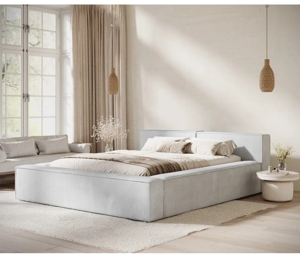 Jasnoszare tapicerowane łóżko dwuosobowe ze schowkiem i stelażem 160x200 cm Voliera – Maison de Rêve