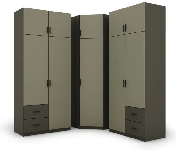 Szafa narożna z półkami i szufladami 189 x 240 cm – Szary Grafit / Eukaliptus