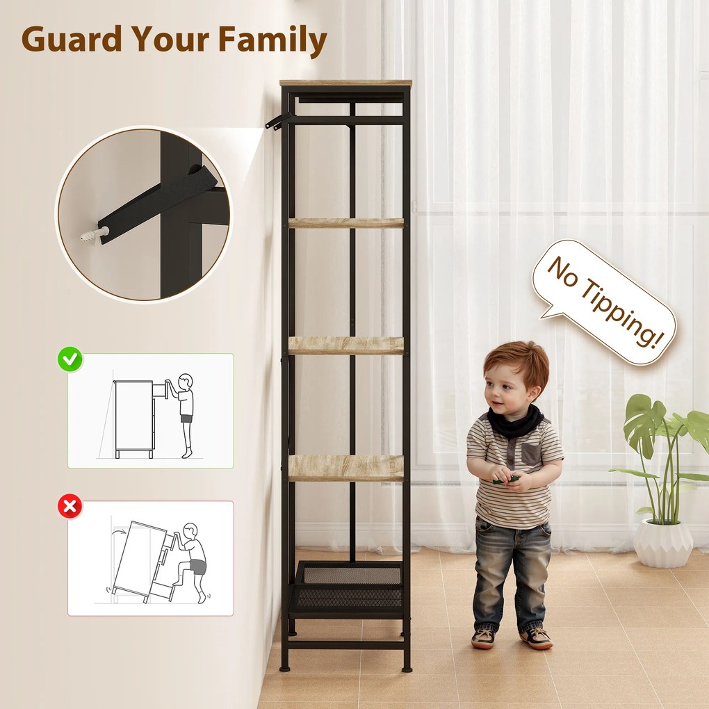 HOMCOM Wieszak na ubrania, stojący wieszak z drążkiem, regał na buty z zabezpieczeniem, Dąb