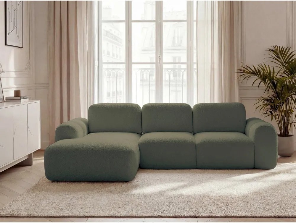 Zielony rozkładany/ze schowkiem narożnik z materiału bouclé (lewostronny/z szezlongiem) Montaigne – Bobochic Paris