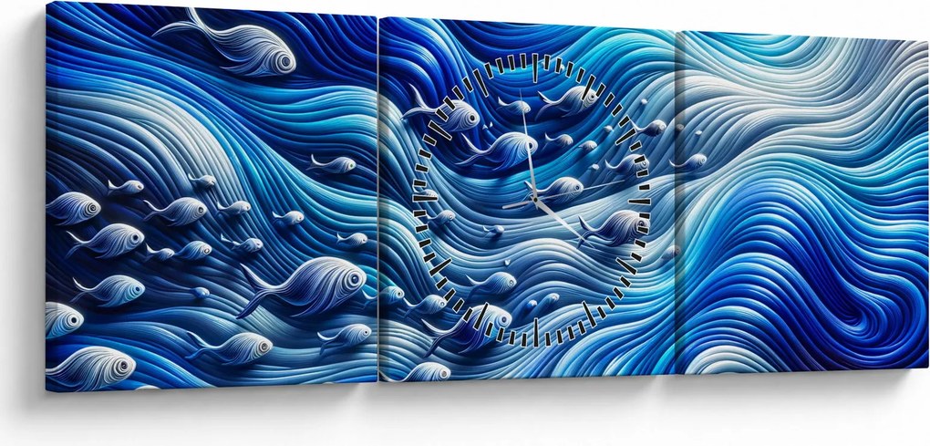 Obraz – Ryby w falach (z zegarem) (90x30 cm)