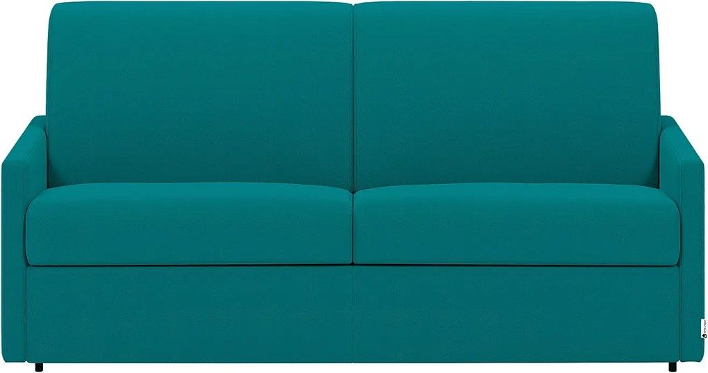 Kanapa 3-osobowa rozkładana typu express z turkusowej tkaniny z siedziskiem z pianki z pamięcią kształtu - Powierzchnia spania 140 cm - Materac 14 cm CALIFE