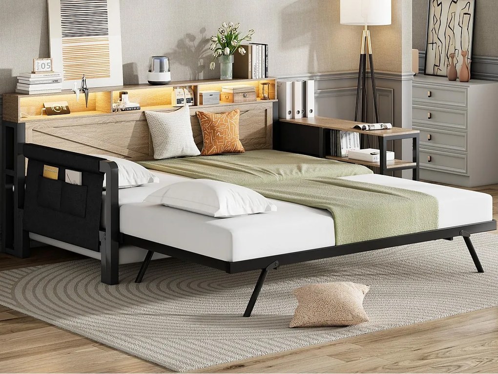 Metalowa sofa rozkładana 90x200 cm - Z wysuwanym łóżkiem - 3 szuflady i 3 półki - LED i port USB - Czarny​ (Materac nie jest wliczony w cenę)