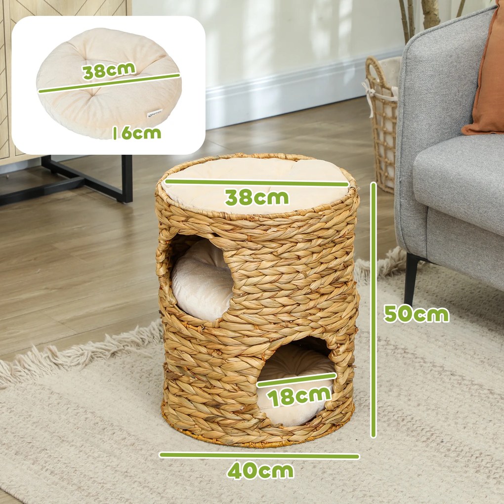 PawHut Drapak 50 cm, 2 jaskinie, poduszka, beczka dla kota z hiacyntu wodnego, Jasnobrązowy