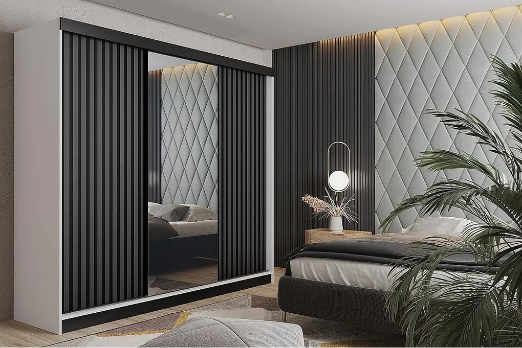 Szafa przesuwna z lustrem lamele MALANI 200 - biały + grafit