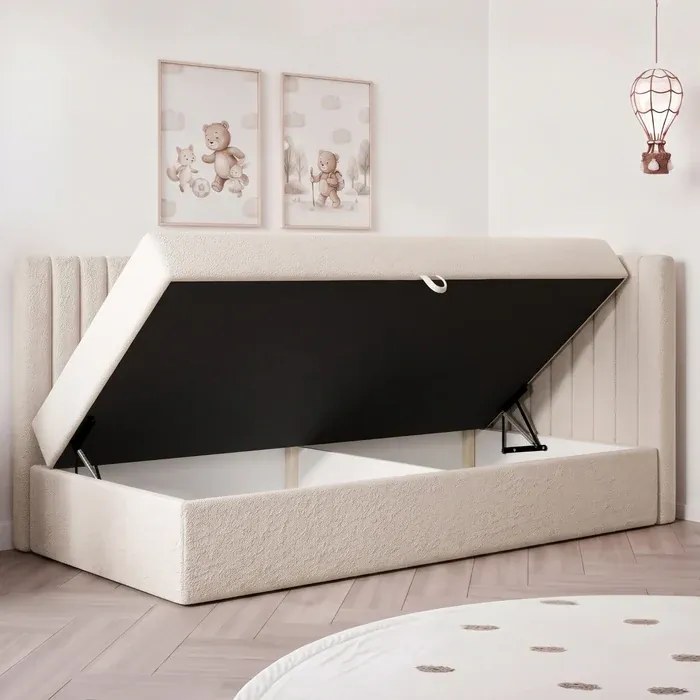 Łóżko Tapicerowane 90x200 cm NIVO Młodzieżowe Prawostronne Kremowe Boucle Skandynawskie