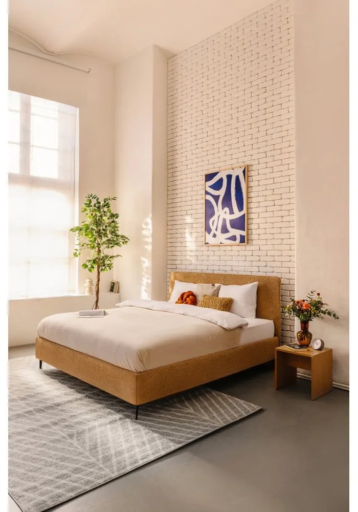 Musztardowe tapicerowane łóżko dwuosobowe ze stelażem 160x200 cm Noira Slim – Bonami Selection