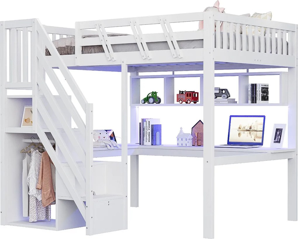 Łóżko piętrowe dla dzieci - 140 x 200 cm - ze schodkami do przechowywania + biurko + port USB + diody LED - drewno - białe