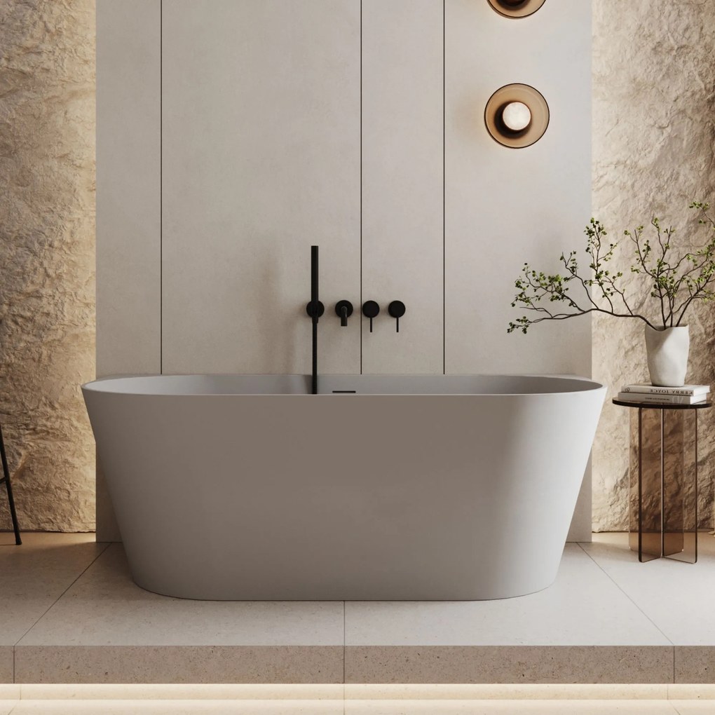 Wanna wolnostojąca przyścienna WALL Beige Matt / Glow  z konglomeratu beżowa matowa/błyszcząca 160 x 75 cm przelew typu SLIM : Kolor wanny - Szary matowy