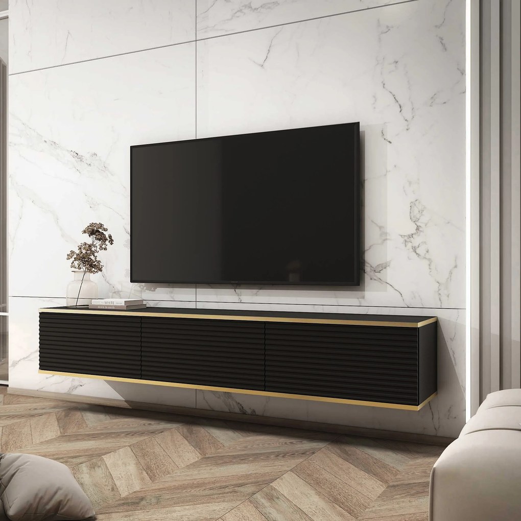 Szafka RTV VENEZIA - Czarny / Front Czarny ryflowany / 175 cm