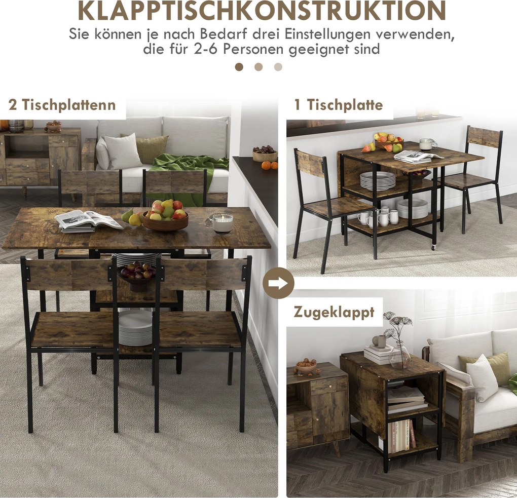 HOMCOM Stół składany do jadalni z kółkami i regulacją nóżek styl industrialny 140x80x75 cm brązowy czarny | Aosom PL