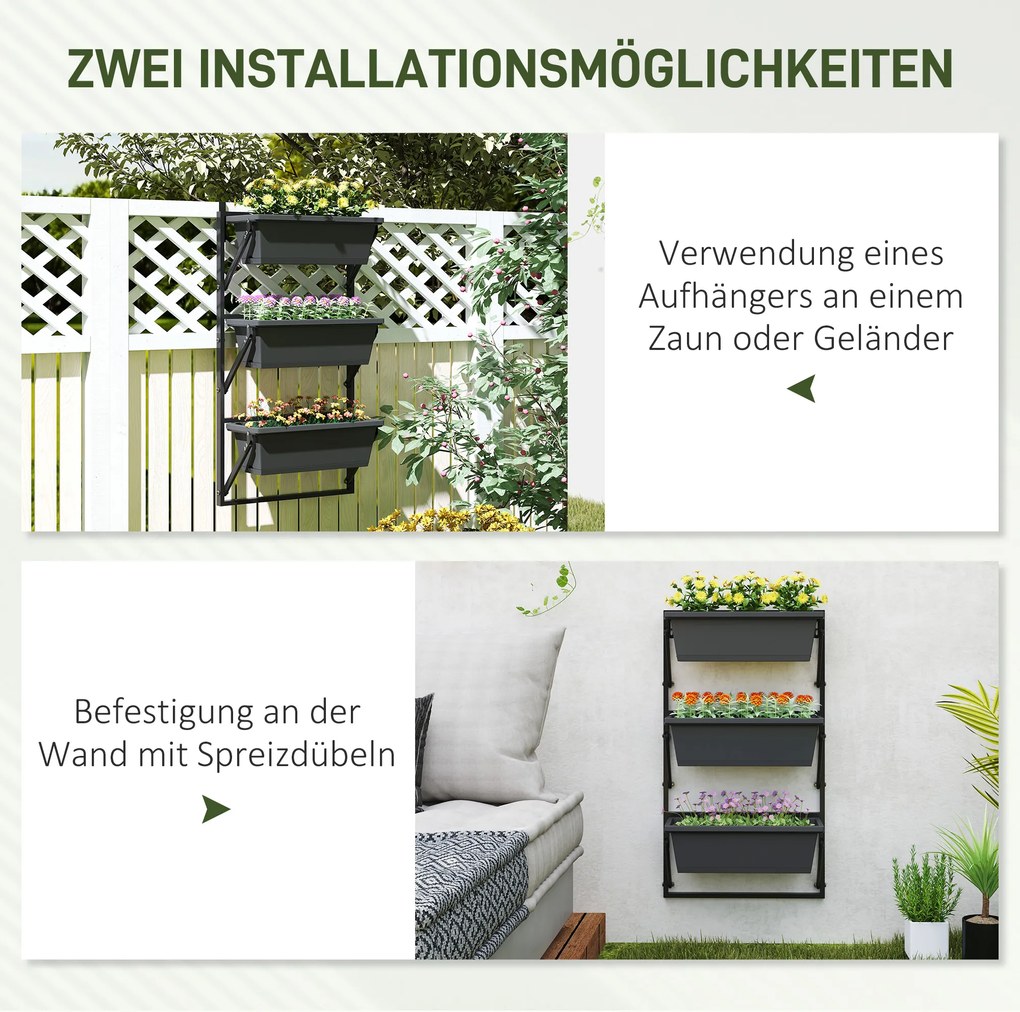 Outsunny Zestaw 3 Donic Pflanzkübel z Otworami, 56x42 cm Donice, Prostokątna Donica, Plastikowa, Ciemnoszary