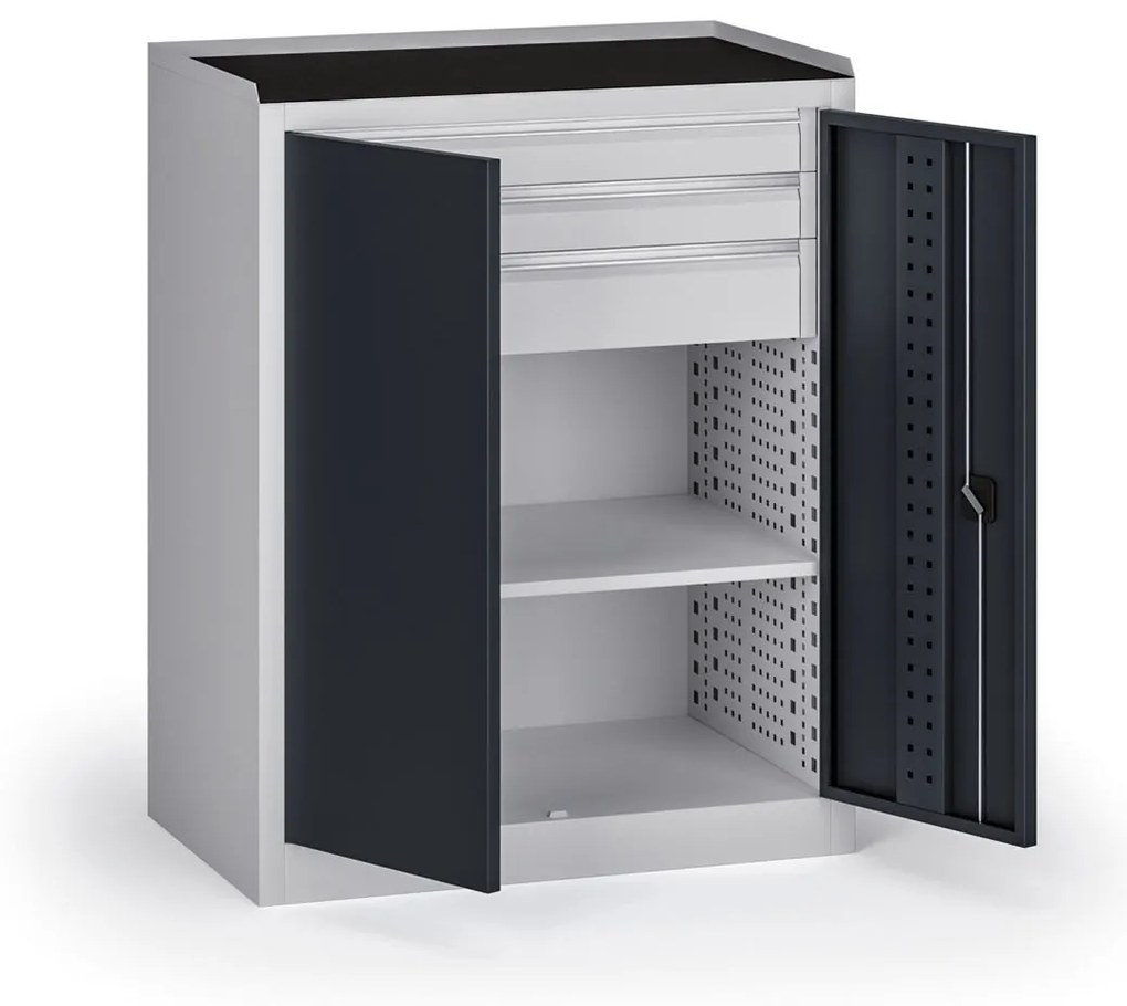 Szafa warsztatowa na narzędzia niska KOVOS, 1 półka, 3 szuflady, 950 x 600 x 1180 mm, grafitowy