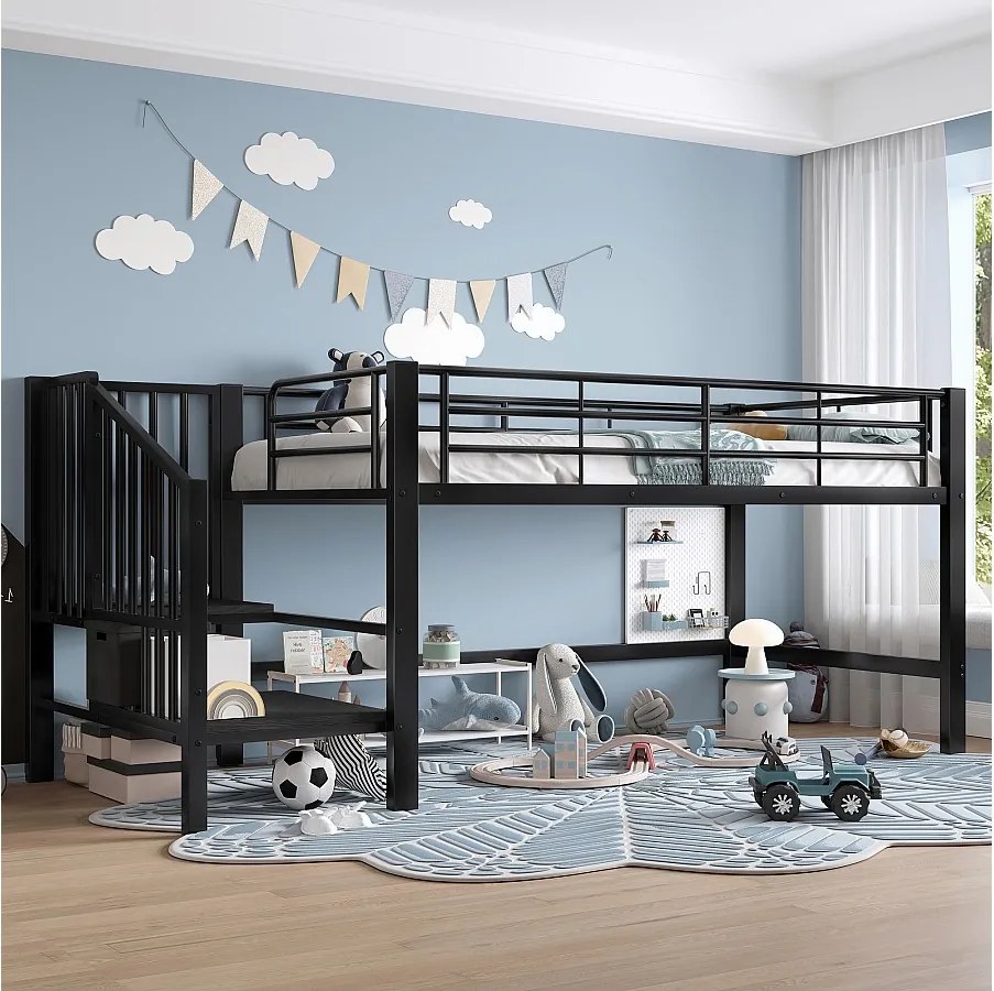 Łóżko piętrowe 90x200 cm, łóżko dziecięce ze schodkami i barierkami, metalowy stelaż - kolor czarny (bez materaca)