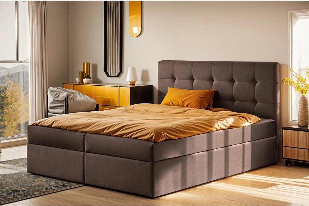 Łóżko kontynentalne z materacem i pojemnikiem LUDANO, tkanina Noel, Brązowy, 200x200 cm, H3-Bonell