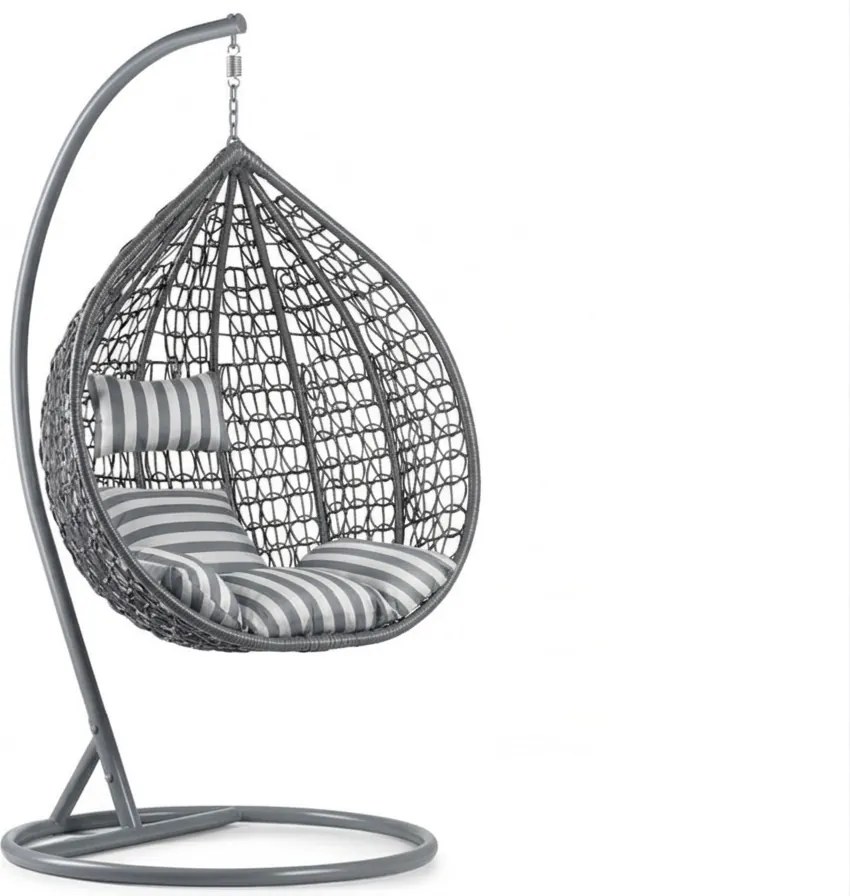 Szare wiszące krzesło KOKON ze stojakiem, biało-szara poduszka