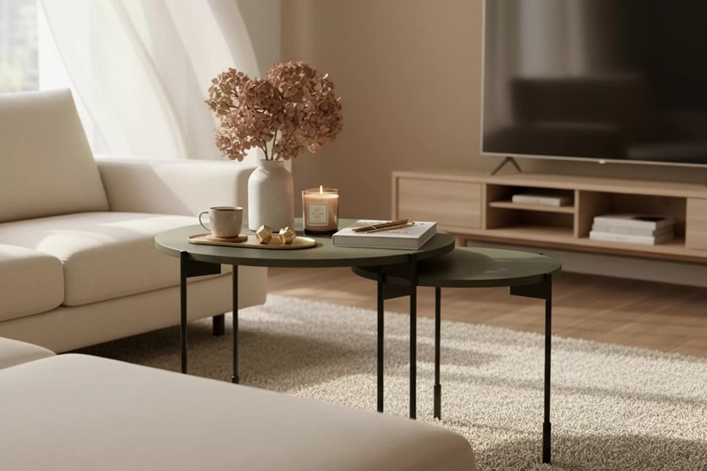 Stolik kawowy Sonatia 60 cm okrągły na metalowych nogach - oliwka