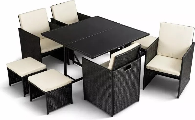 Zestaw mebli ogrodowych Concept technorattan 4 fotele + 2 pufy stół szkło hartowane czarny/kremowy taras balkon patio