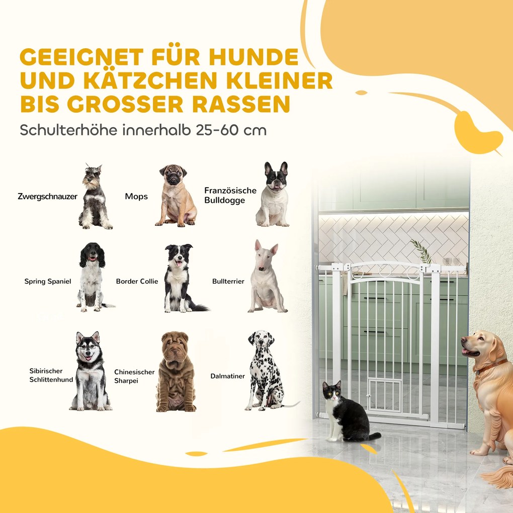 PawHut 106 cm Wysoka Bramka dla Zwierząt z Regulacją Szerokości, Wbudowane Drzwiczki dla Kota, dla Schodów i Drzwi, Biała