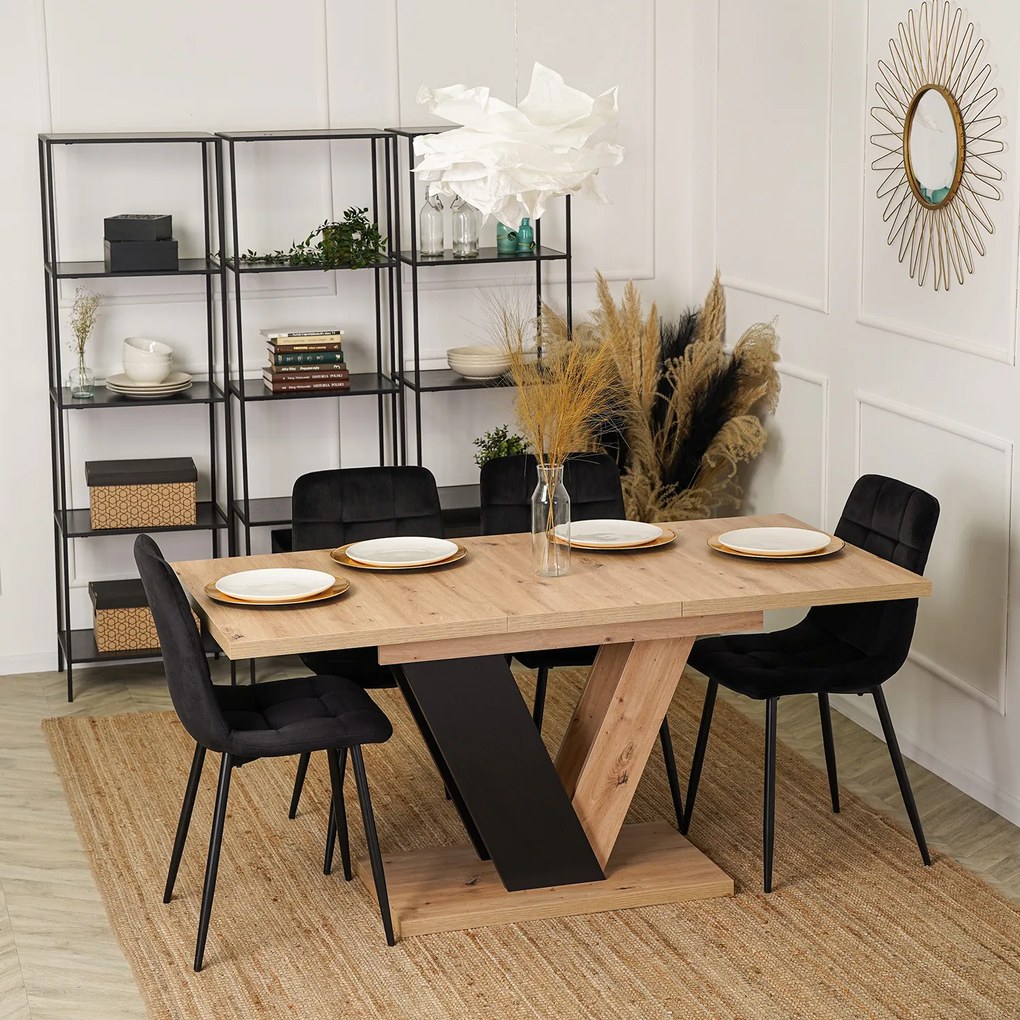 Zestaw Stół Prostokątny Rozkładany CLARK 120-160 cm Dąb Artisan/Czarny i 4 Krzesła Tapicerowane do Jadalni PERU Czarne Welurowe
