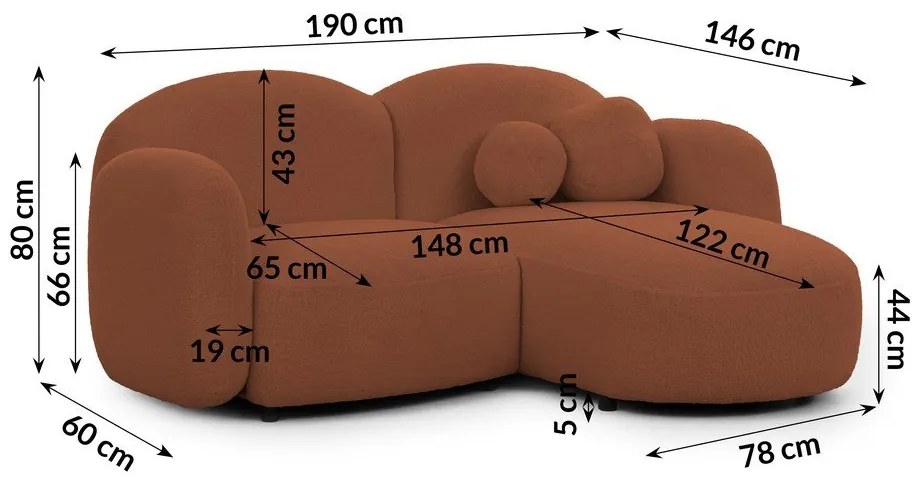 Narożnik z materiału bouclé (prawostronny/z szezlongiem) w kolorze terakoty Orbit – Ropez