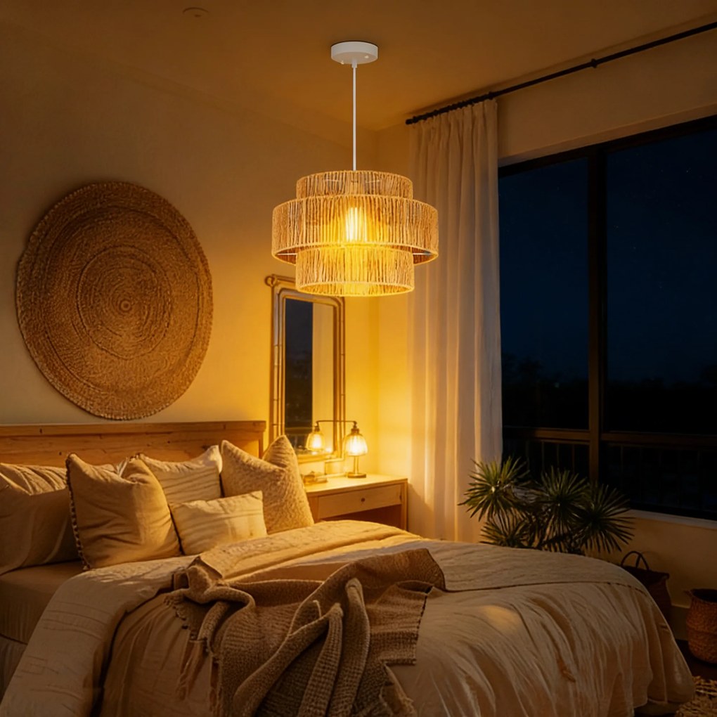 HOMCOM Lampa wisząca, abażur trójwarstwowy, metal, sznur lniany, Jasnobrązowy