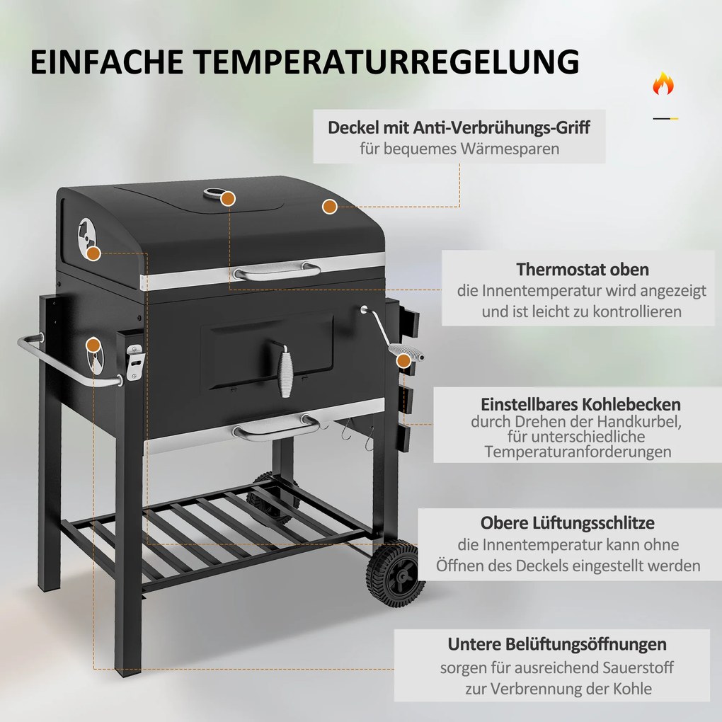 Outsunny Grill węglowy Smoker BBQ-Smoker, 1 półka, 1 uchwyt na ręcznik, 2 ruszty grillowe, 113 cm x 65 cm x 108 cm, Czarny