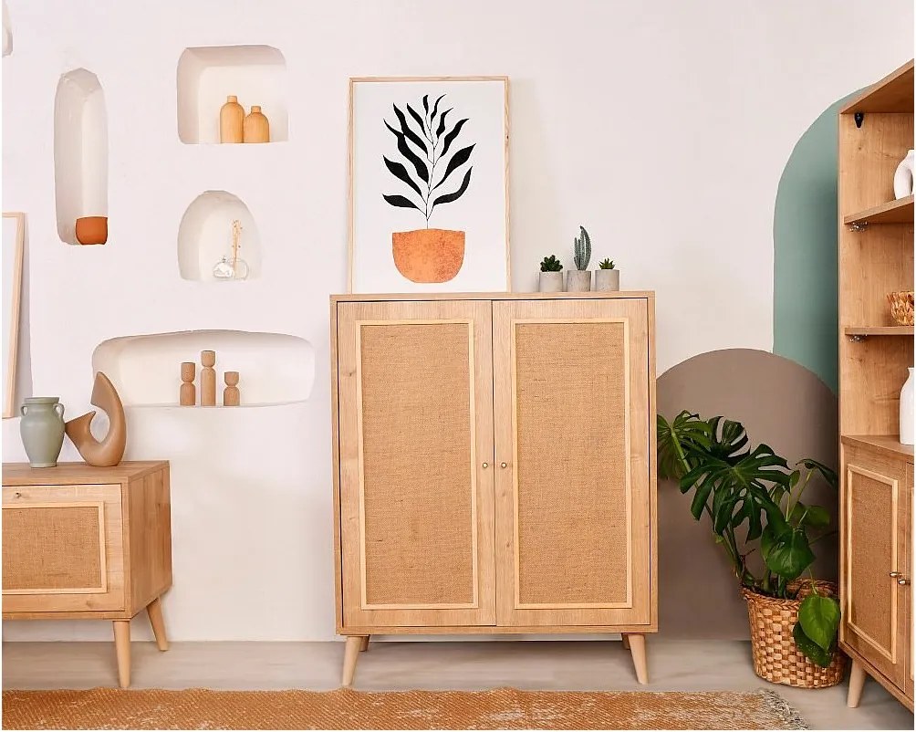Elegancka dębowa komoda, 100% drewno grabowe, tkanina jutowa, 40 x 90 x 110 cm | Stabilne nogi z drewna grabowego | Idealna do nowoczesnych salonów i