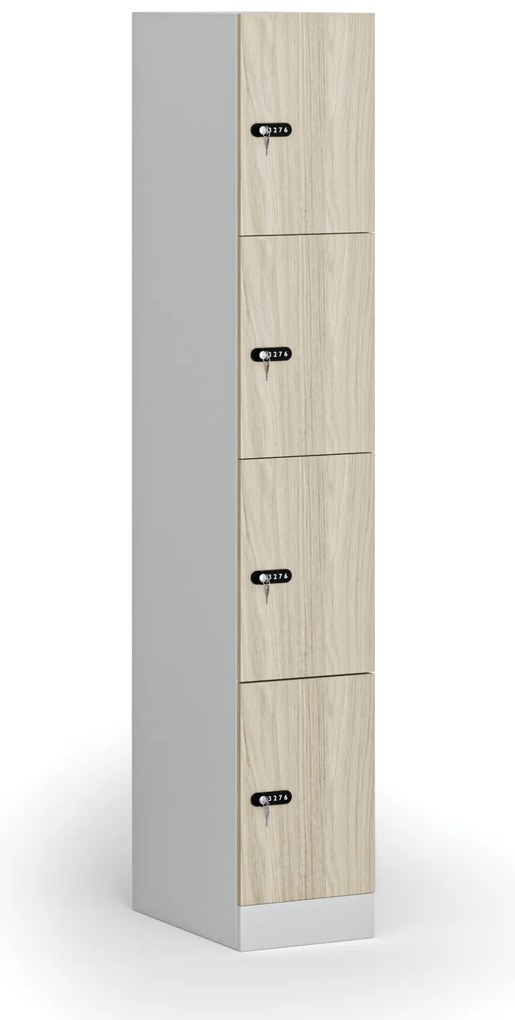 Szafka skrytkowa S1, 4 schowki, 1850 x 300 x 500 mm, zamek mechaniczny z kodem, drzwi laminowane, dąb naturalny