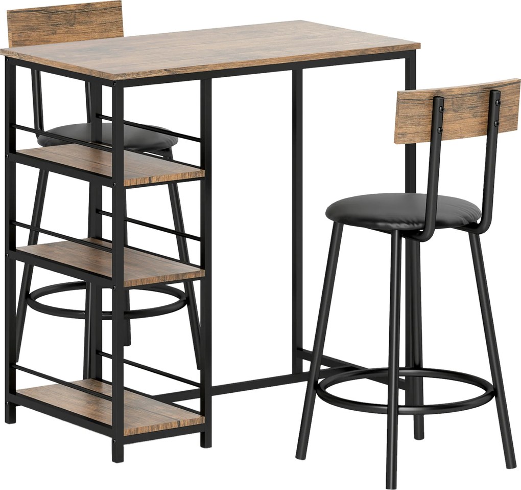 HOMCOM 3-częściowy zestaw do jadalni z ladą barową i 2 krzesłami, Mały zestaw kuchenny z bocznymi półkami, MDF, metal, czarny